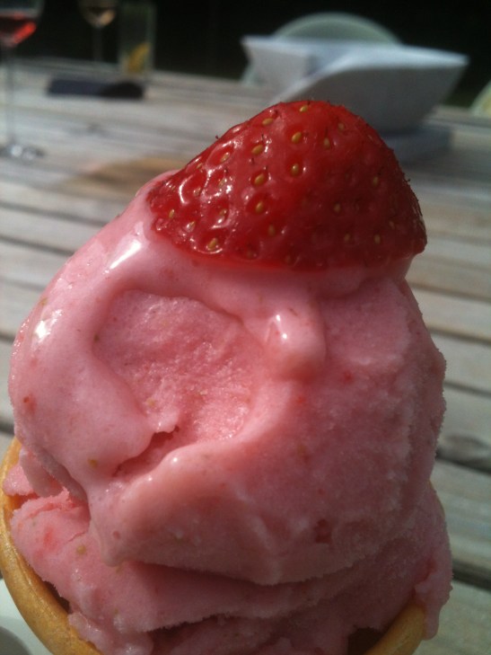 Strawberry ice-cream in the garden. Summer.